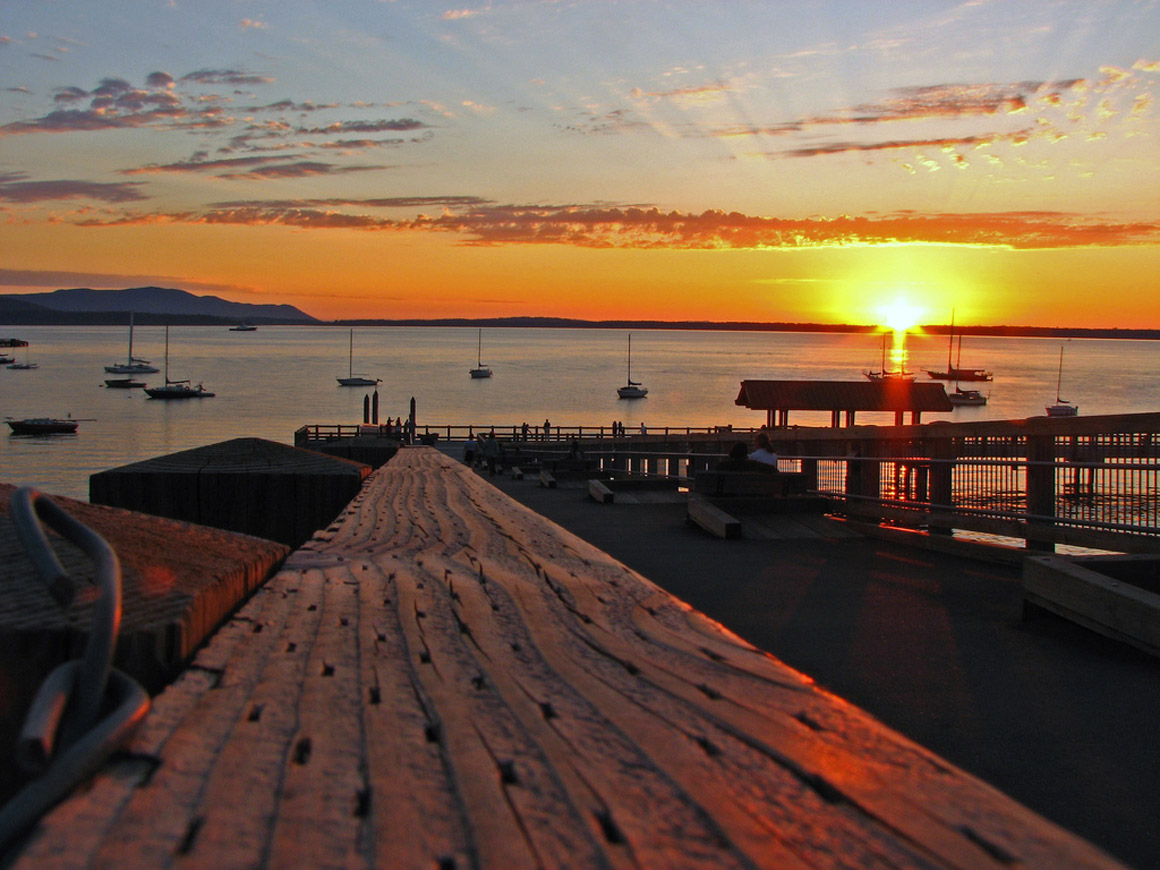 Sunset over Bellingham Bay in northern Puget Sound with Lummi Island in the background.