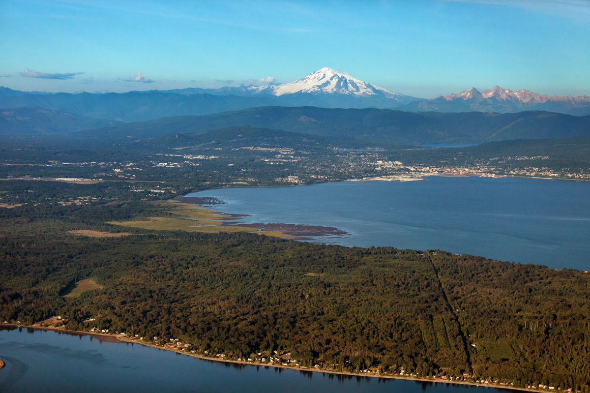 Aerial view of Bellingham bay, with Mount Baker in the background