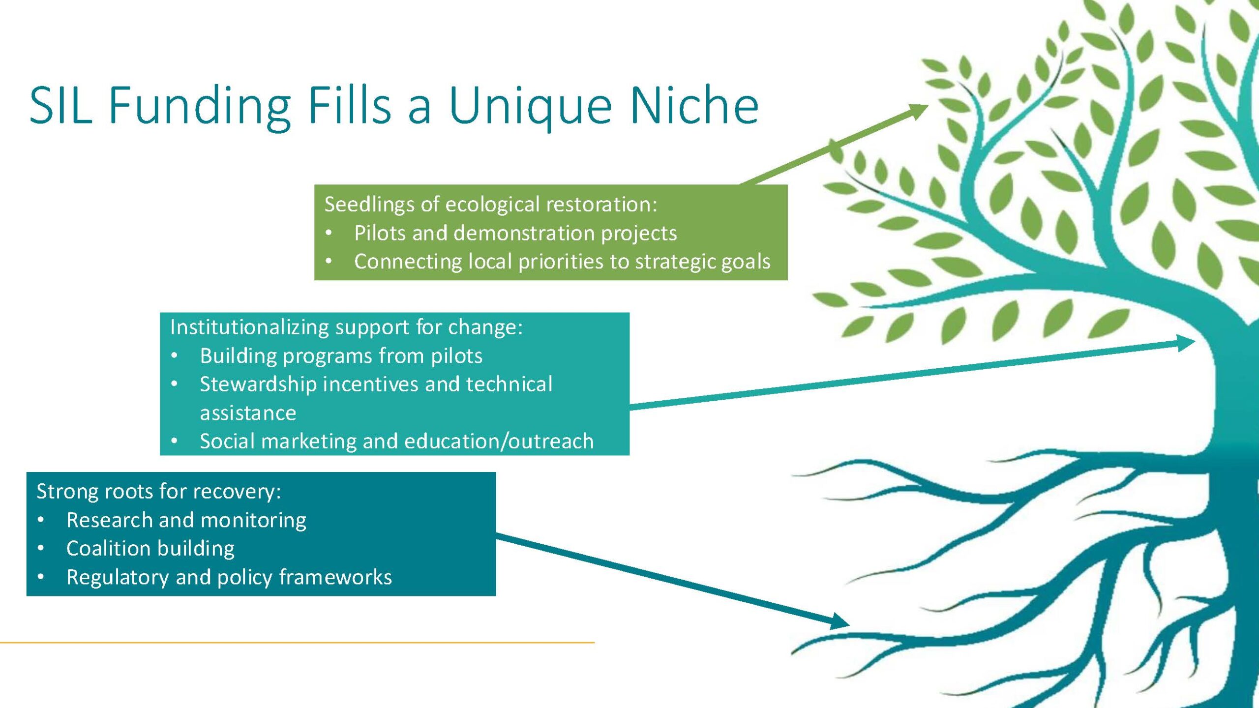 Graphic of a tree titled "SIL funding fills a Unique Niche."