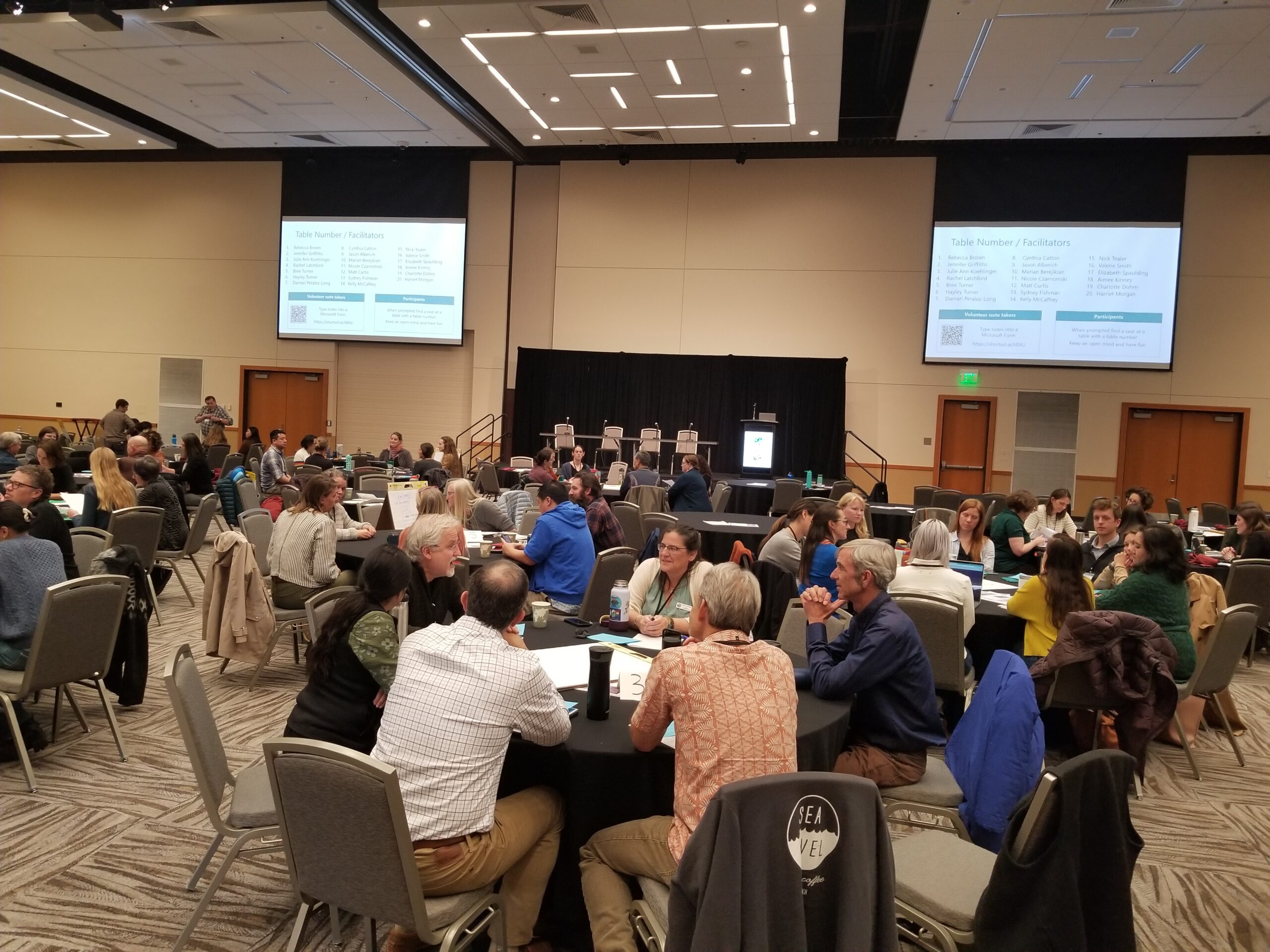 HSIL-sea-level-rise-forum Groups of people are gathered around tables engaged in discussion at the sea level rise forum